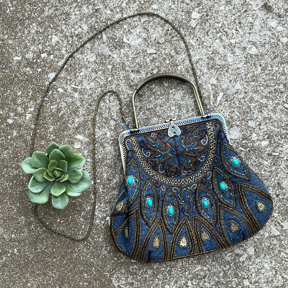 Western Turquoise Beaded Denim Victorian Style Chain Strap Handbag